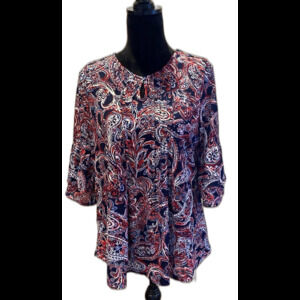 Roz & Ali Blouse Size Large Navy Red Paisley + Stretch Bell Sleeves Casual Top